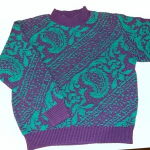 Bold 80s Floral Pattern Southern Lady Sweater, Purple Teal Green Knit, Mock Neck